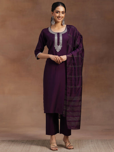 Purple Embroidered Silk Blend Straight Suit With Dupatta - Libas
