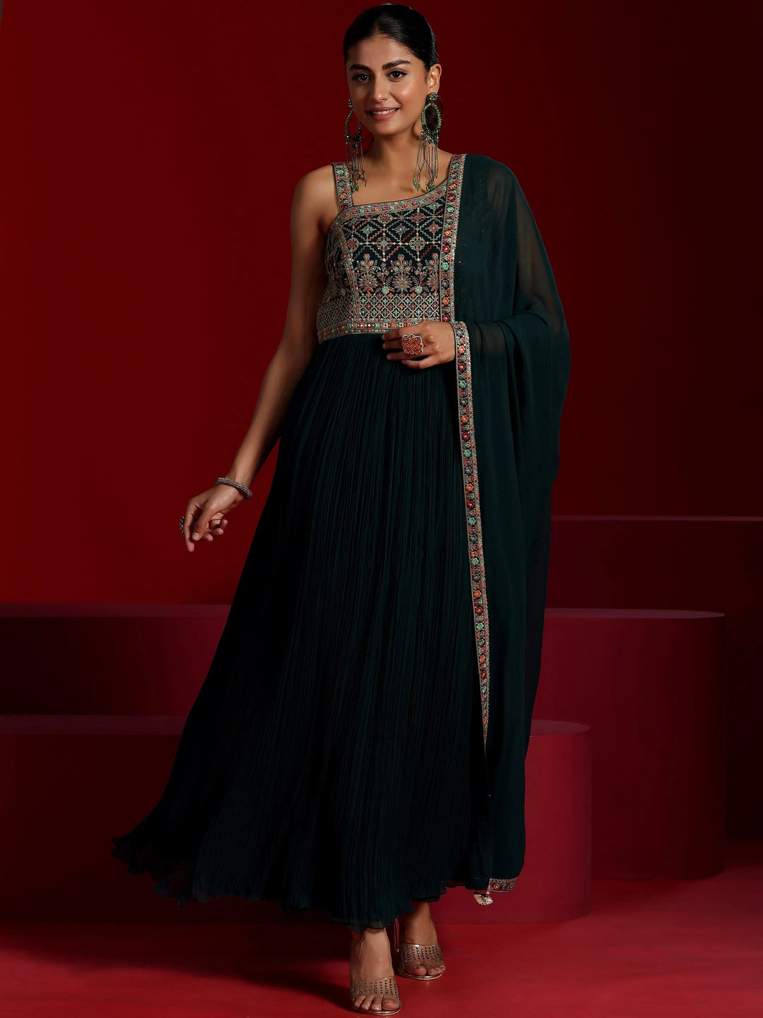  Libas Art Blue Embroidered Georgette A-Line Kurta With Trousers & Dupatta 