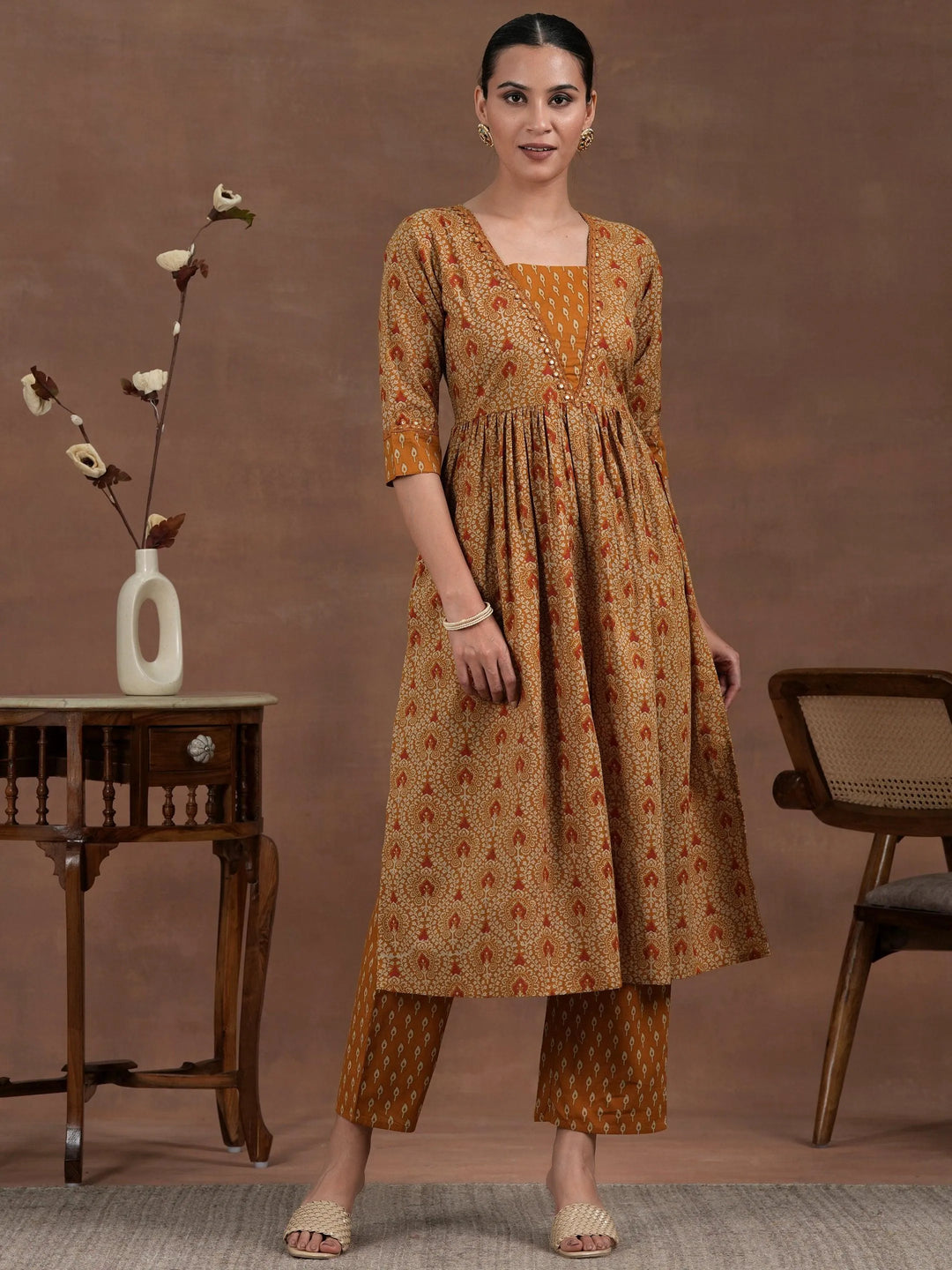 Mustard Printed Cotton A-Line Kurta With Palazzos - Libas 