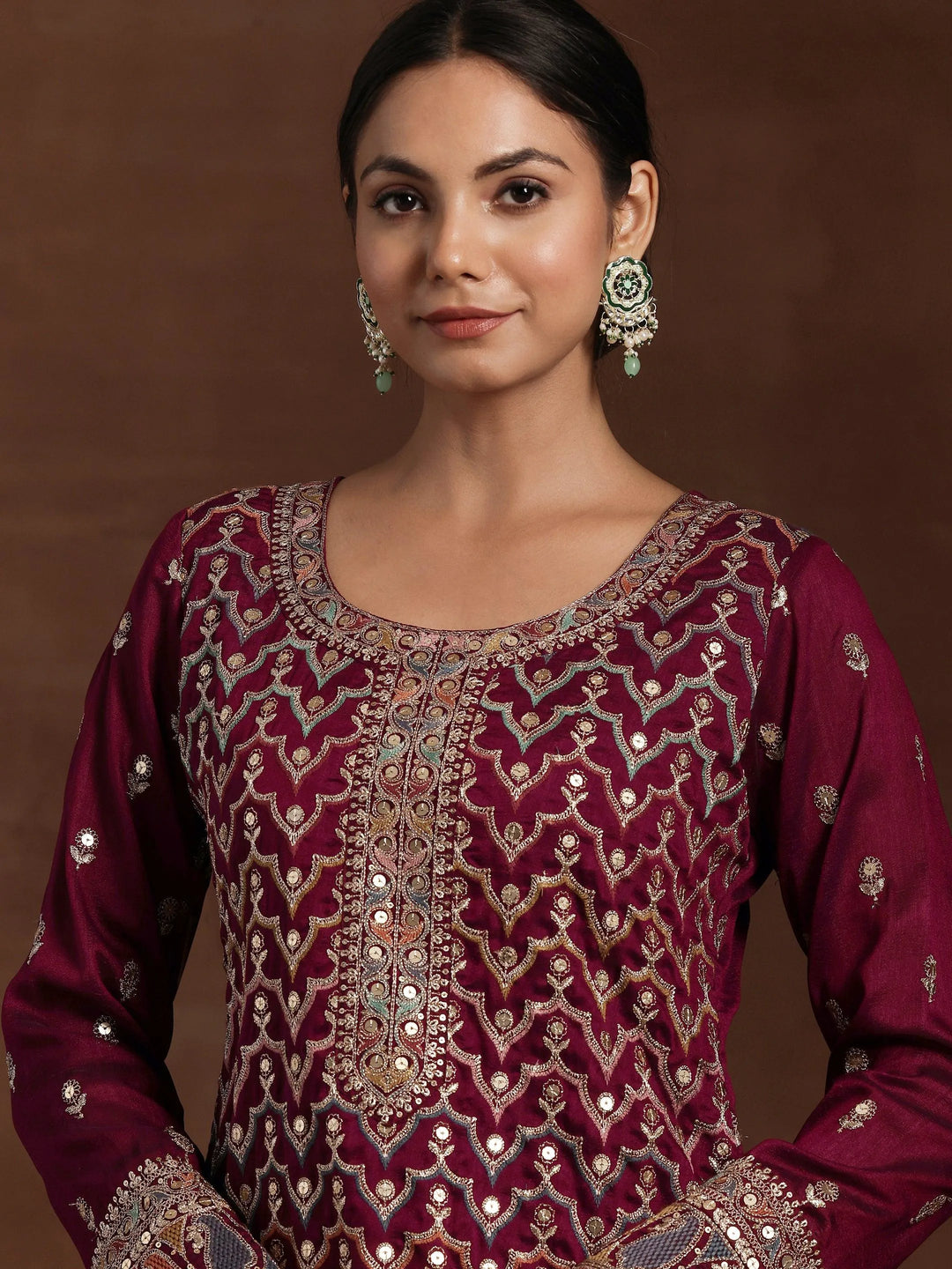 Maroon Embroidered Silk Blend Straight Kurta With Palazzos & Dupatta - Libas 
