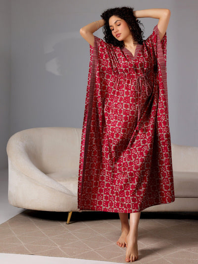 Magenta Printed Cotton Kaftan Night Dress - Libas