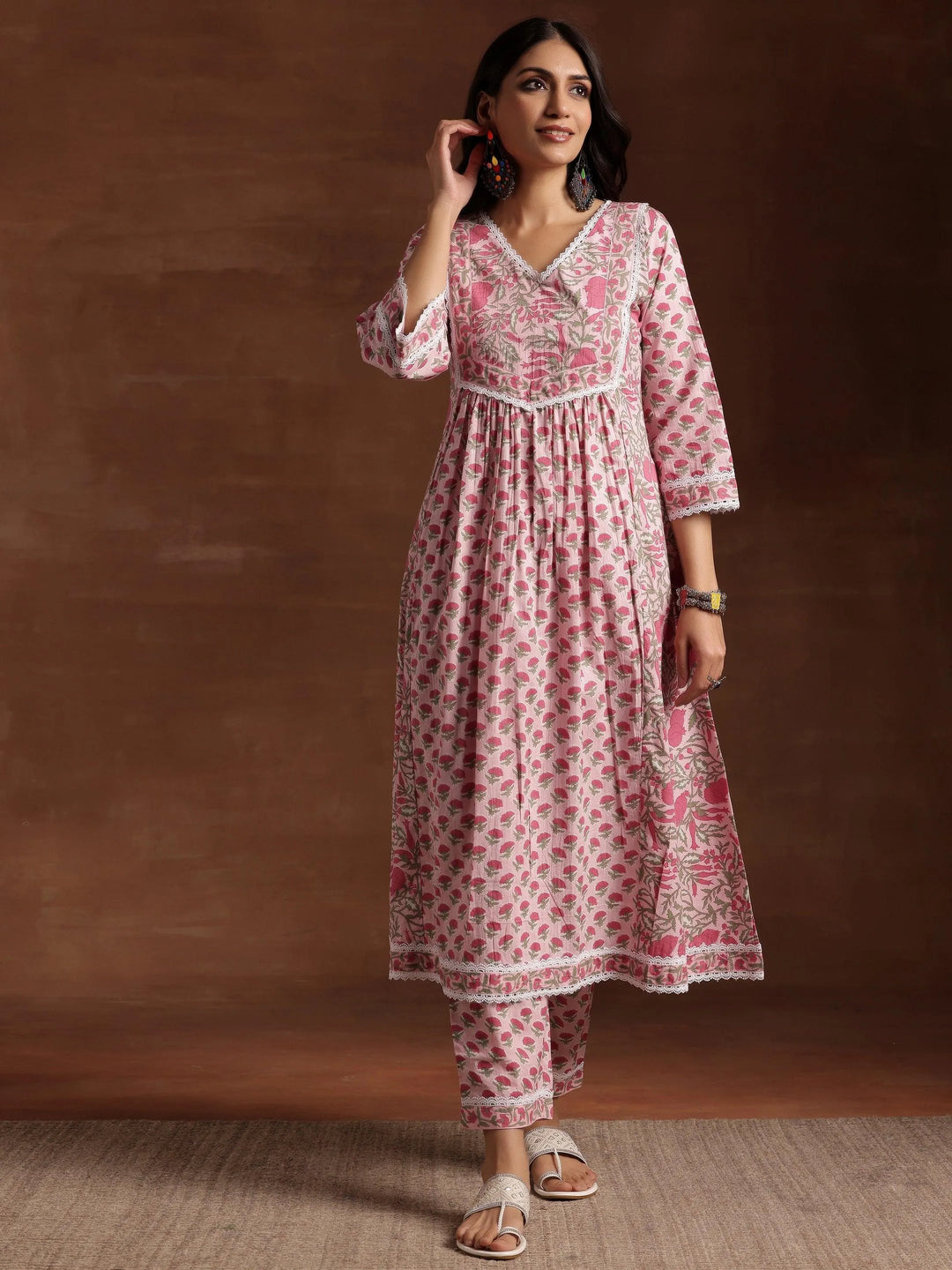 Pink Printed Cotton A-Line Kurta With Palazzos - Libas 