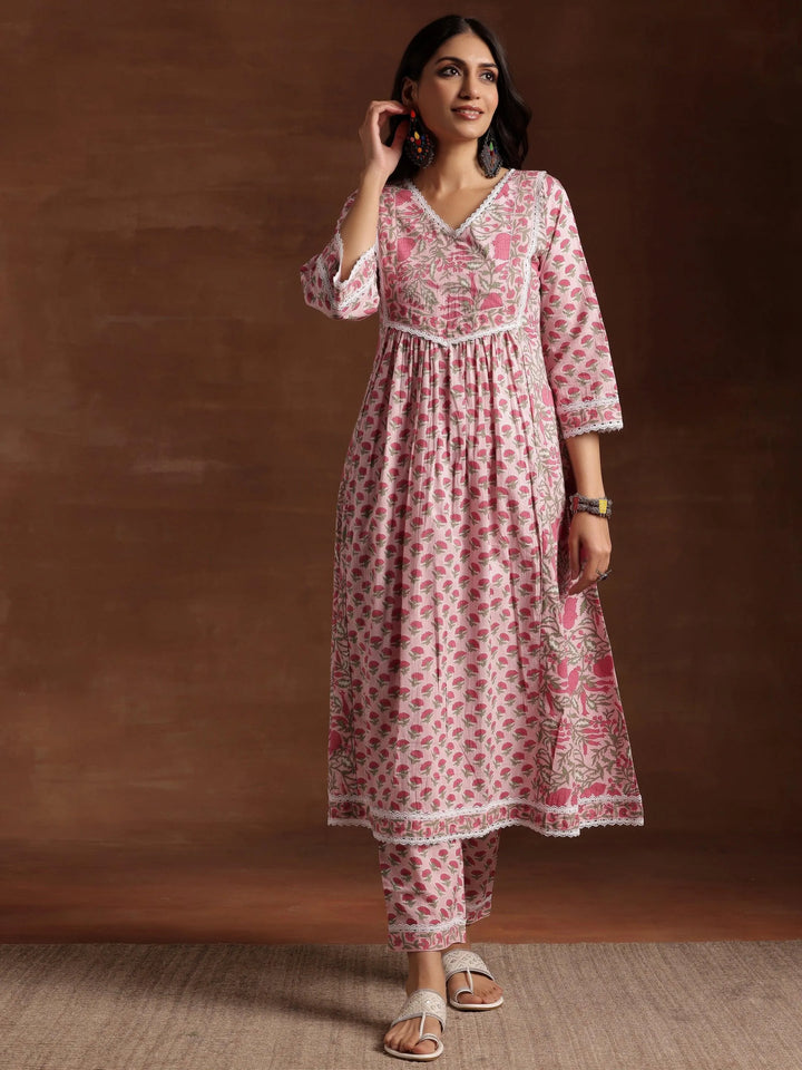 Pink Printed Cotton A-Line Kurta With Palazzos - Libas