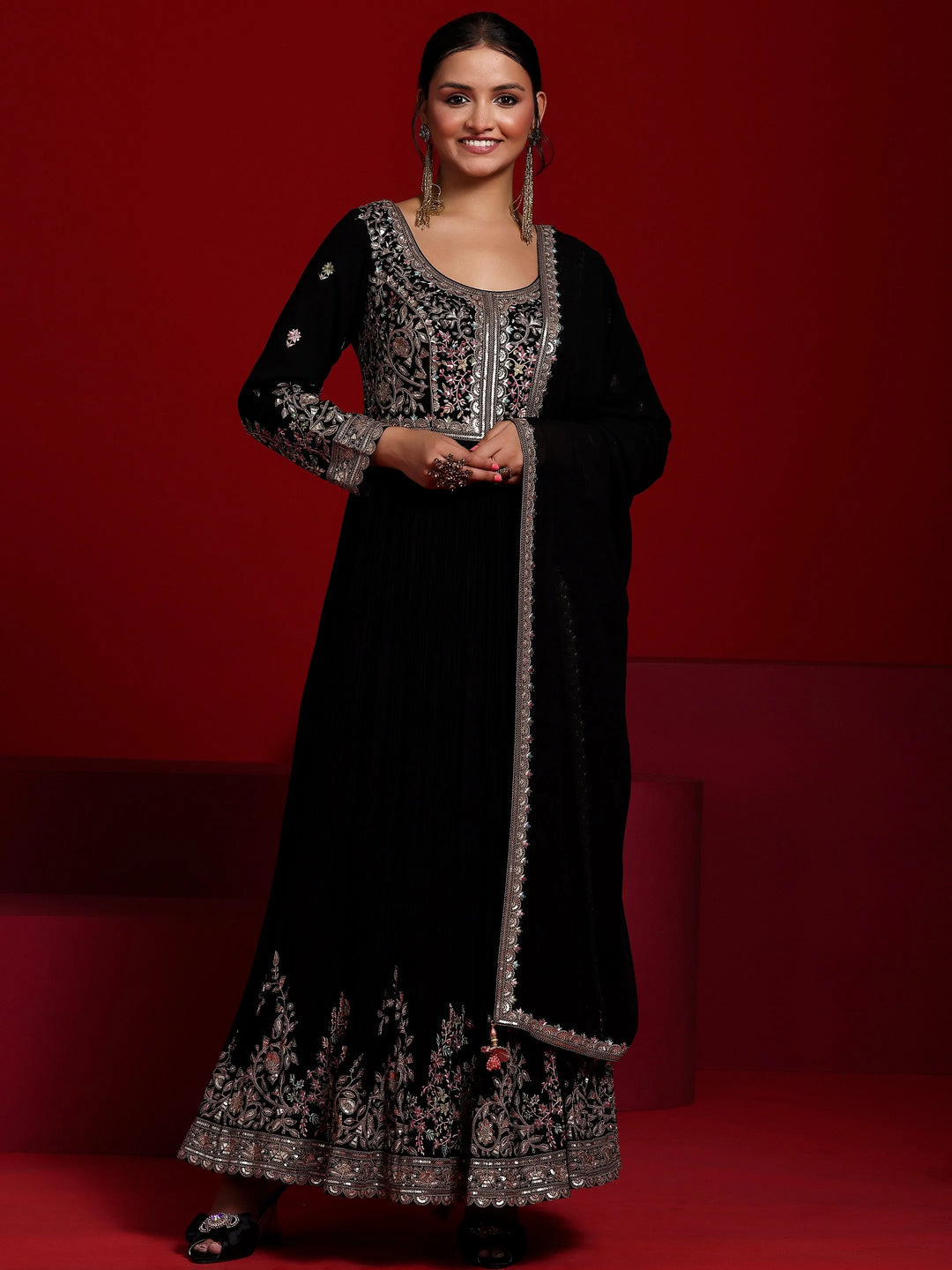  Libas Art Black Embroidered Georgette A-Line Kurta With Trousers & Dupatta 
