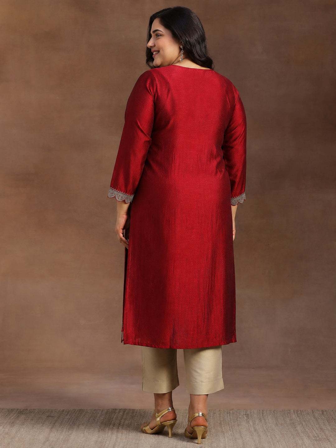  Plus Size Maroon Embroidered Silk Straight Kurta 