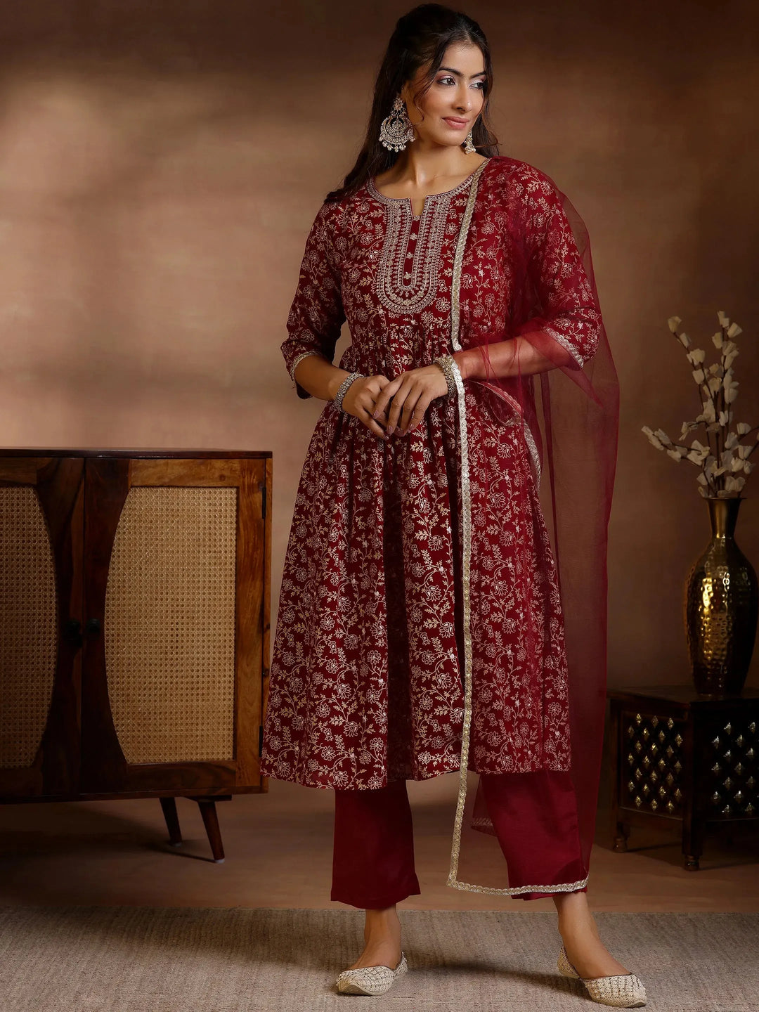  Maroon Printed Georgette A-Line Kurta With Trousers & Dupatta 
