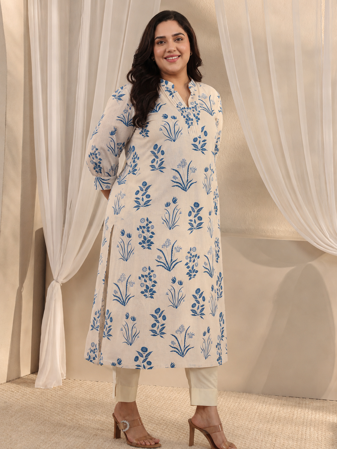  Plus Size Off White Floral Printed Cotton A-Line Kurta 