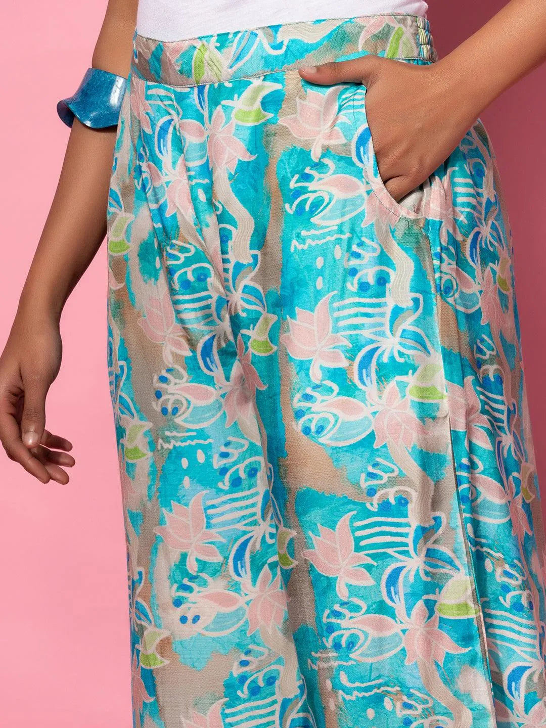 Blue Printed Silk Blend Co-Ords - Libas 