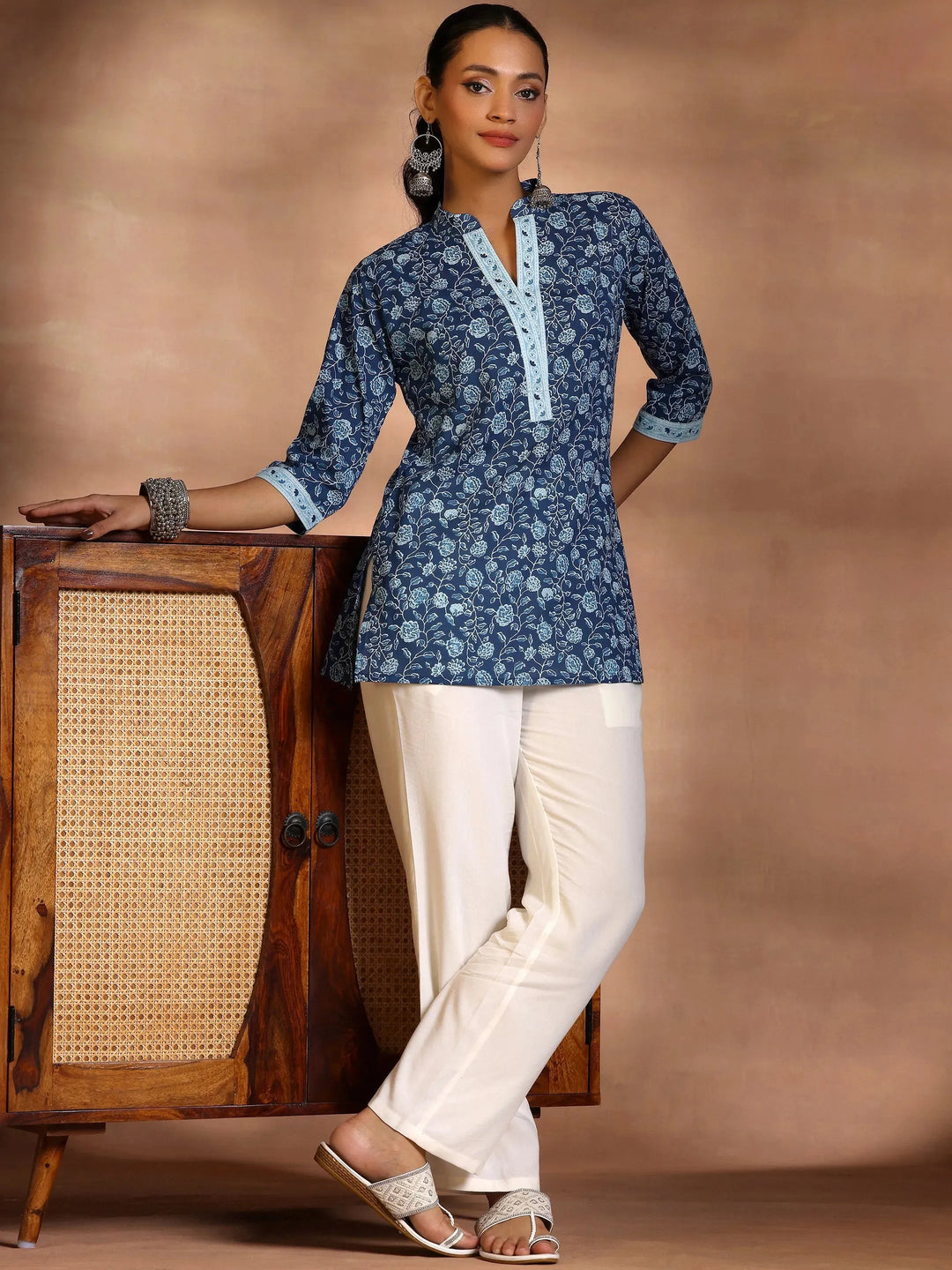  Blue Printed Cotton A-Line Kurti 