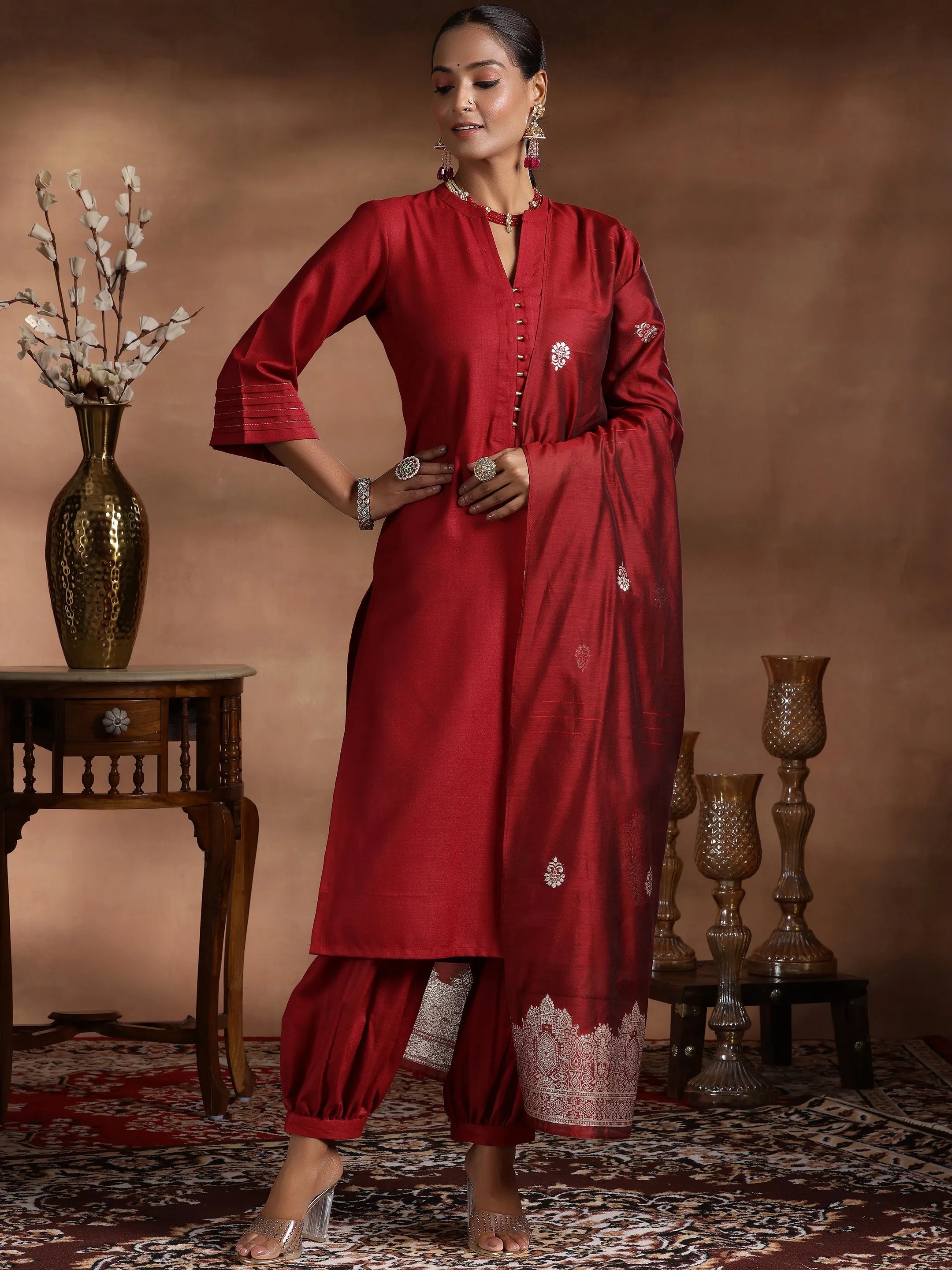 libas Maroon Solid Cotton Blend Straight Suit With Dupatta-picture-30
