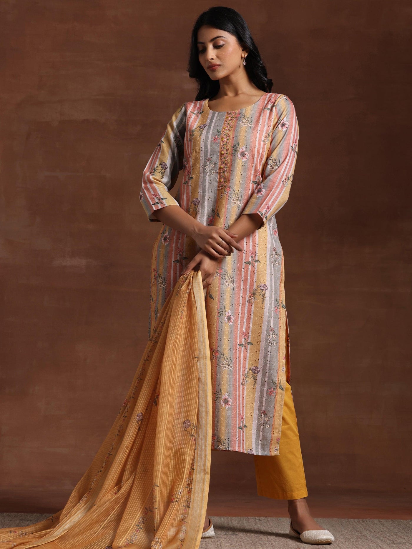 Mustard Striped Cotton Straight Suit With Dupatta - Libas