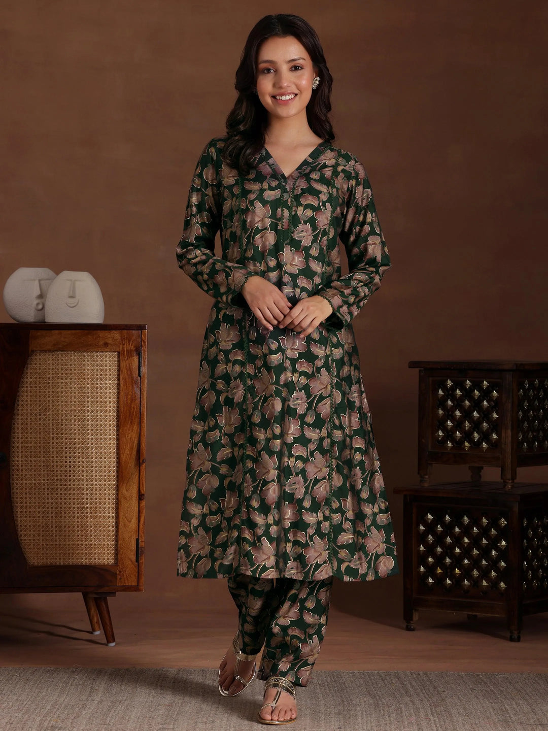Green Printed Silk Blend Co-Ords - Libas 
