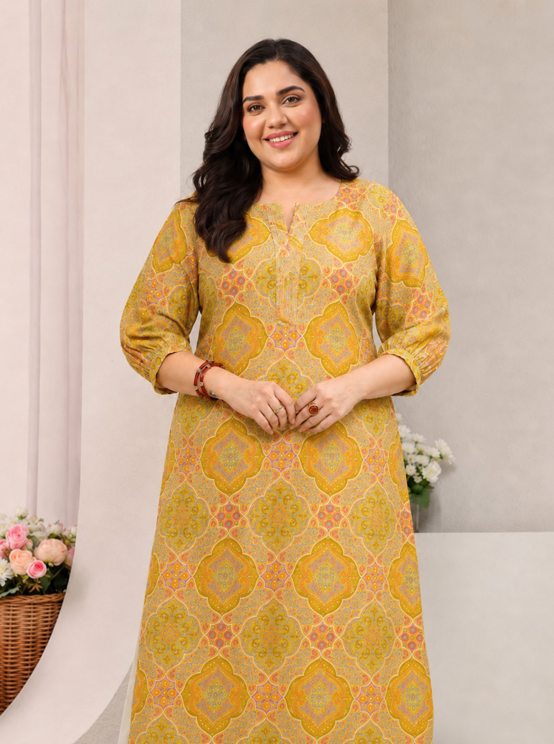  Plus Size Yellow Motif Printed Silk Blend Straight Kurta 
