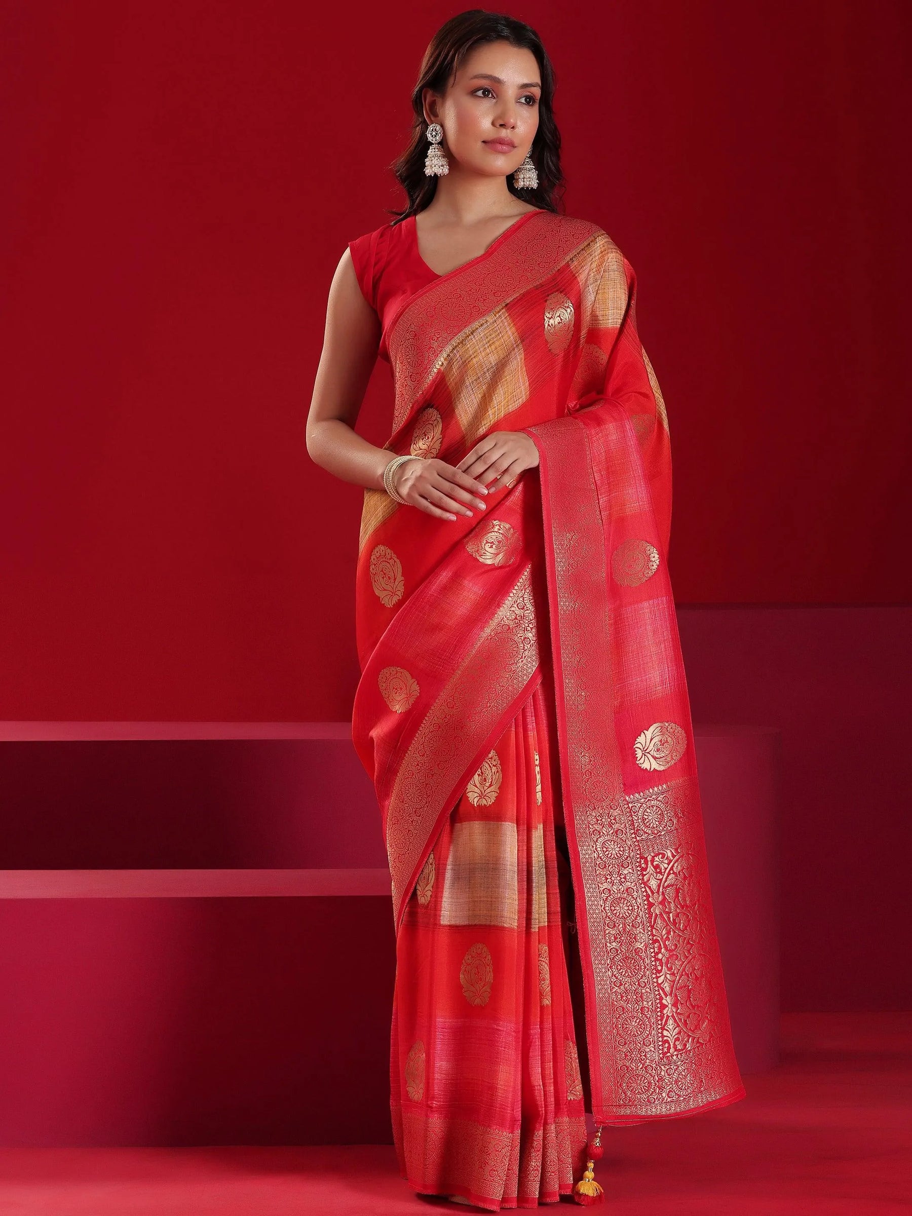 Libas Art Red Woven Design Satin Saree With Unstitched Blouse Piece