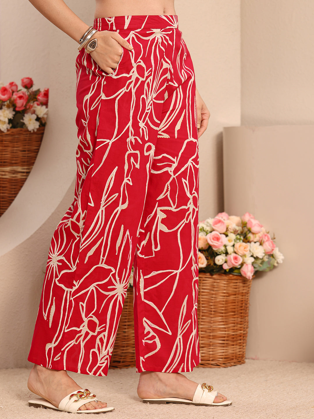  Pink Floral Embroidered Cotton Blend Straight Kurta Set 