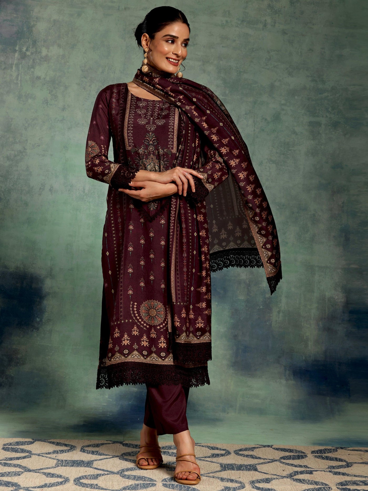 Wine Printed Silk Blend Straight Suit With Dupatta - Libas