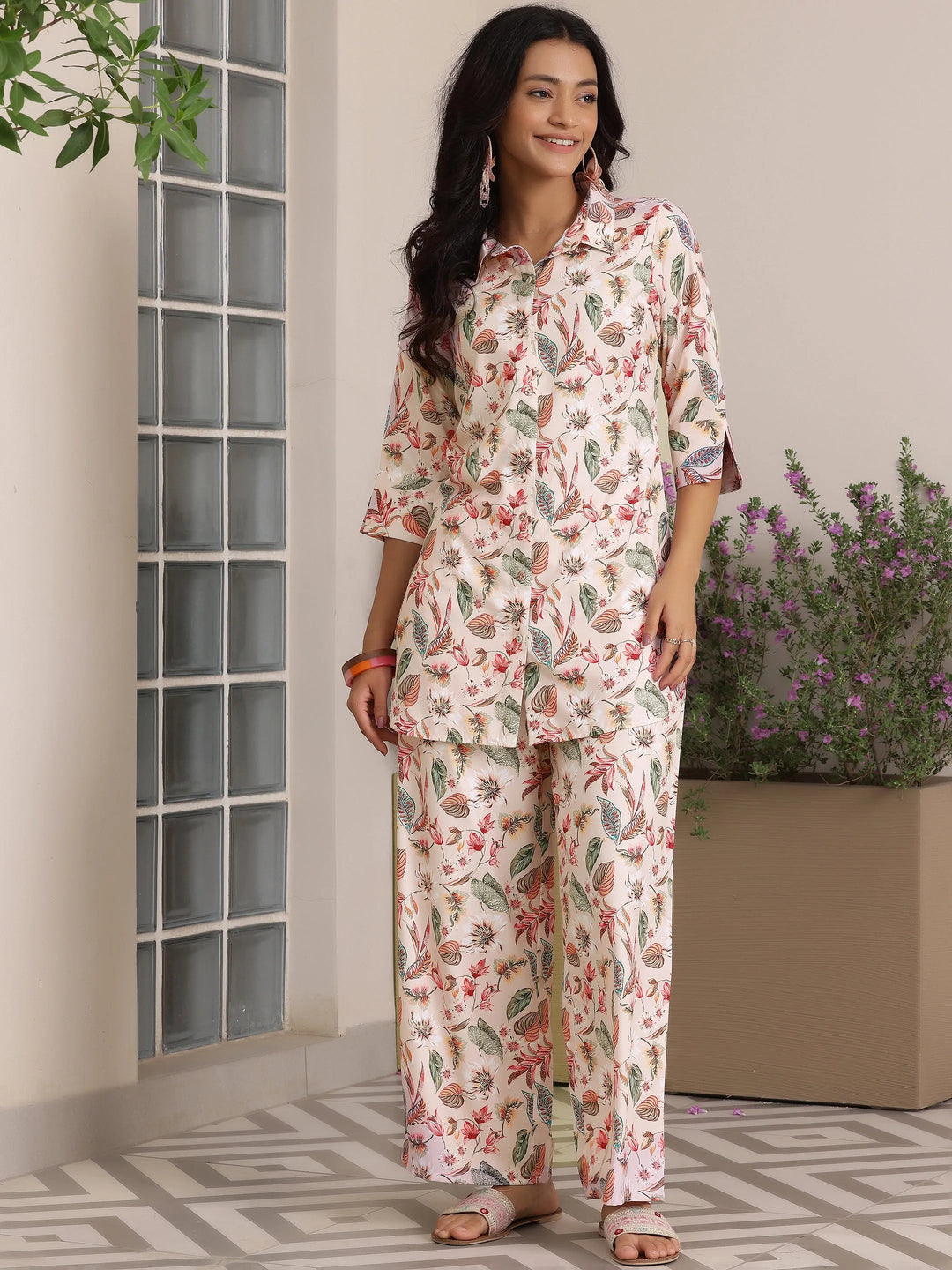  Peach Printed Silk Blend Co-Ords 