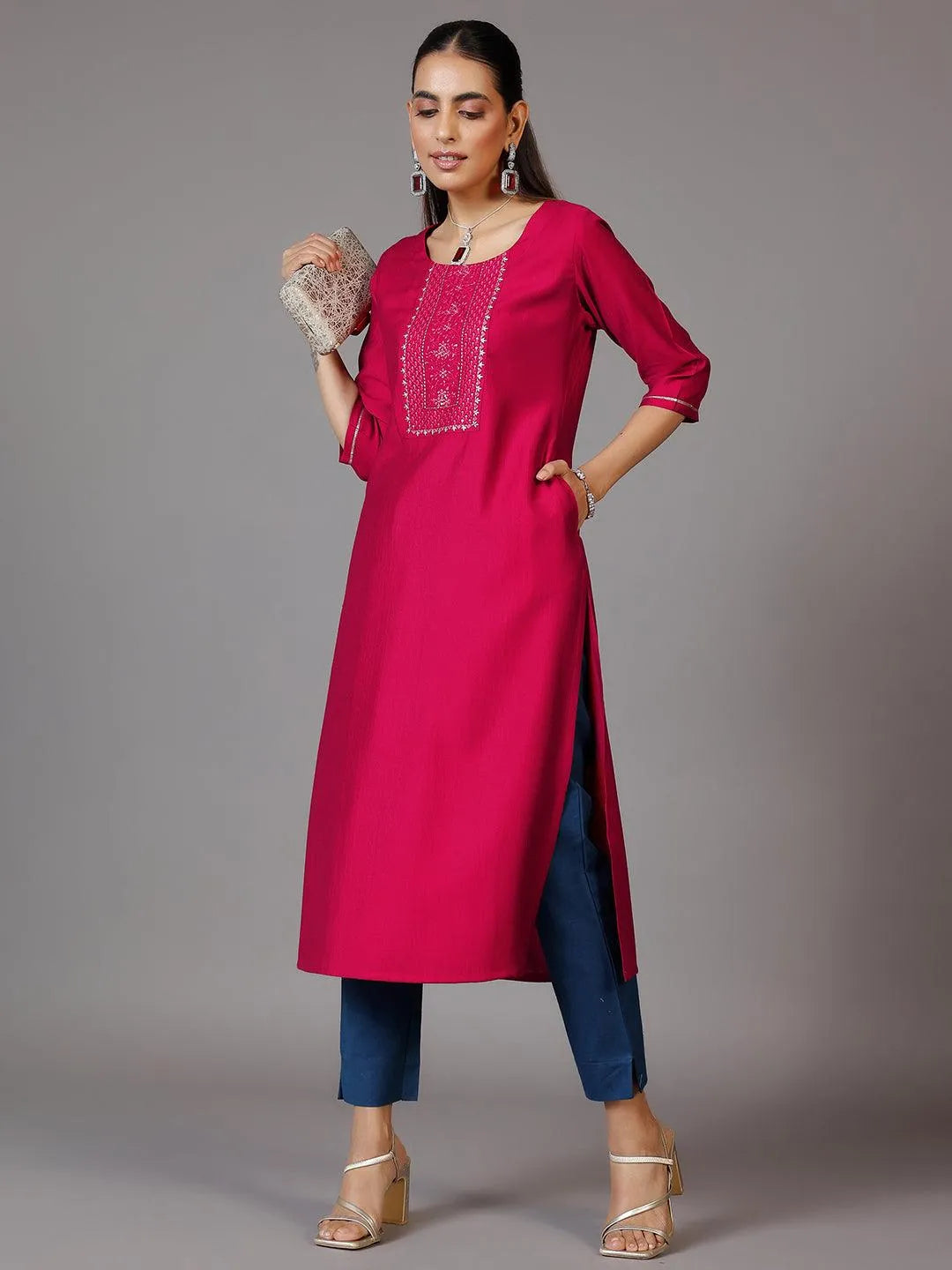 Pink Yoke Design Silk Straight Kurta - Libas