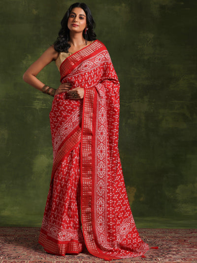 Red Printed Silk Blend Saree With Unstitched Blouse Piece - Libas