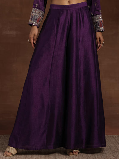 Purple Embroidered Silk Blend Straight Kurta With Palazzos & Dupatta - Libas