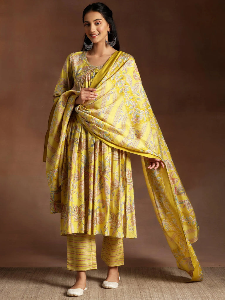 Gerua Aashna Mustard Printed Silk Blend A-Line Kurta With Palazzos & Dupatta
