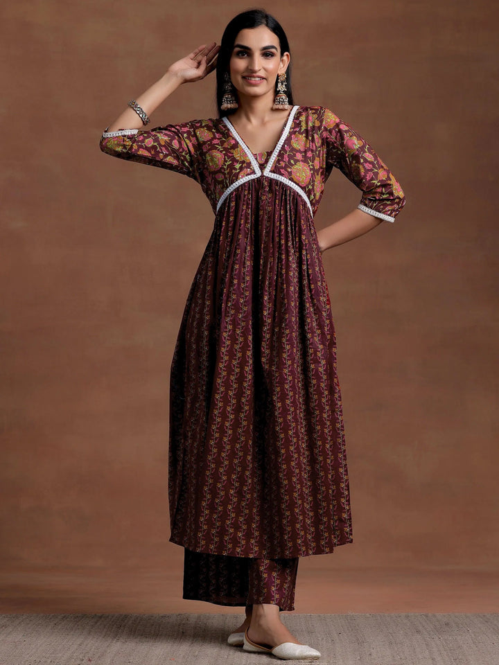 Rust Printed Cotton A-Line Kurta With Palazzos - Libas