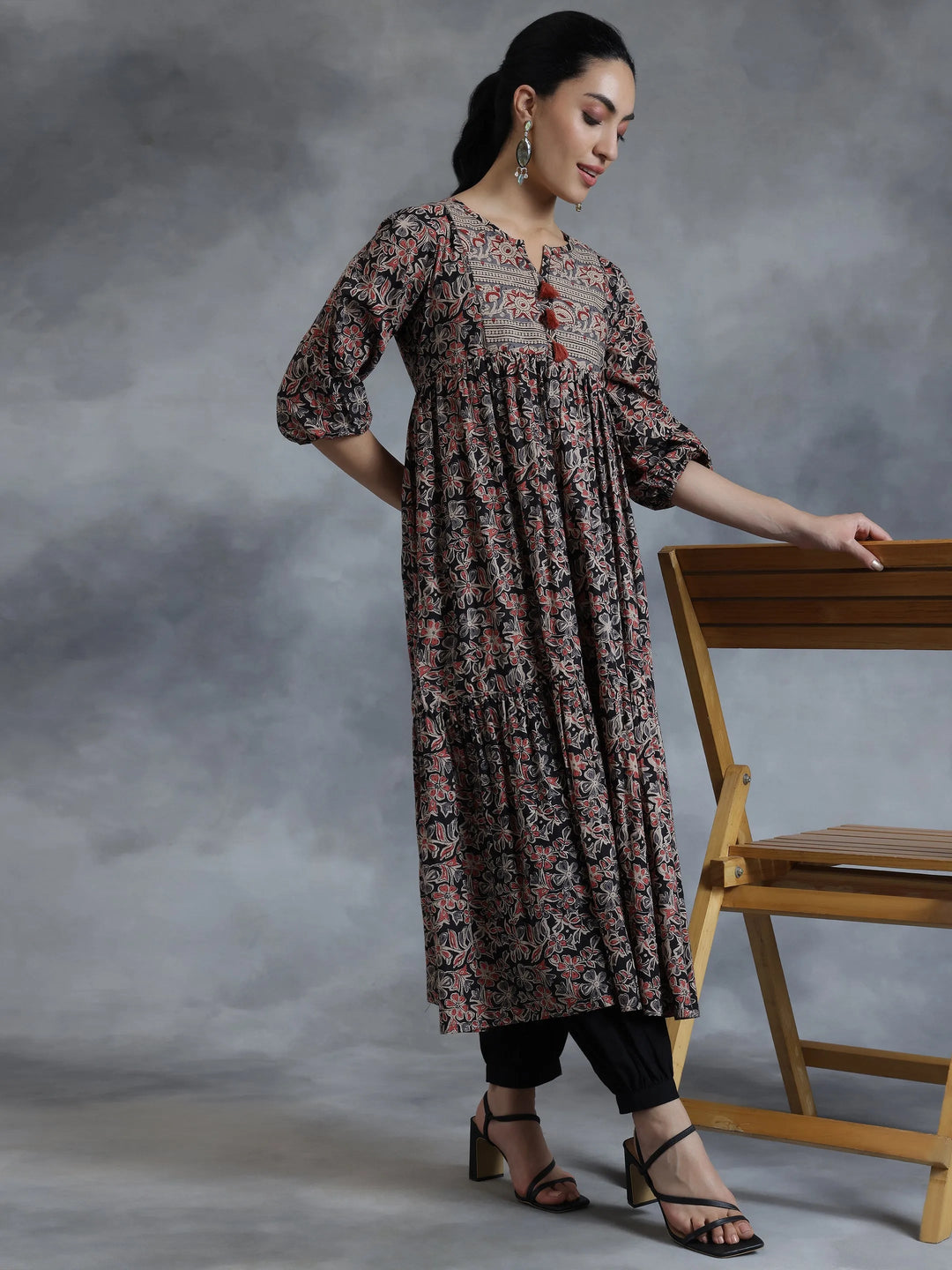  Black Printed Cotton A-Line Dress 