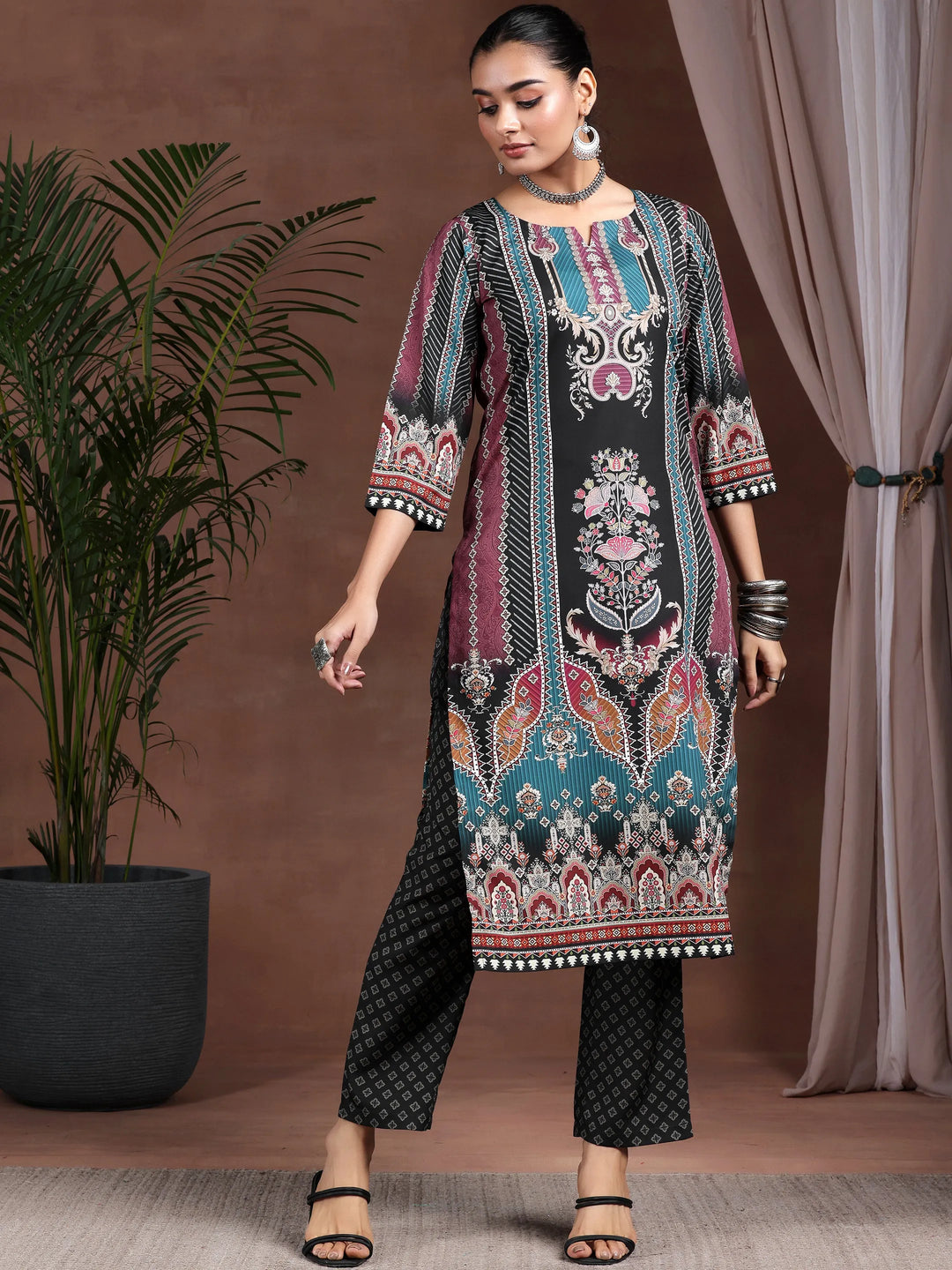  Black Printed Poly Crepe Straight Kurta Set 