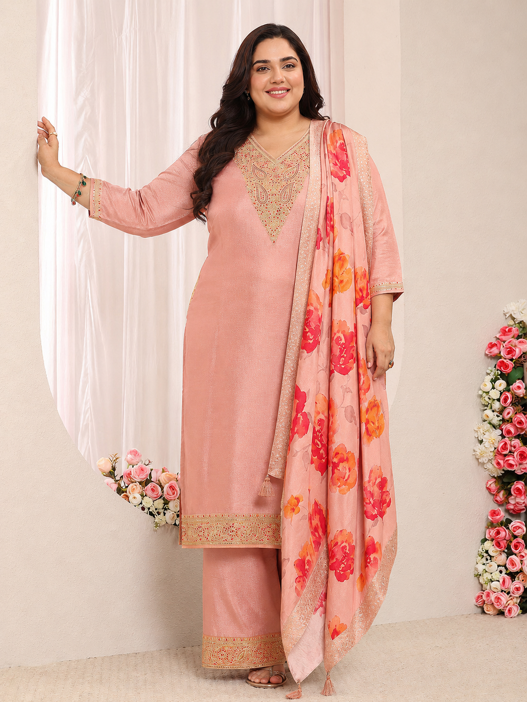  Plus Size Peach Floral Embroidered Silk Blend Straight Suit Set 