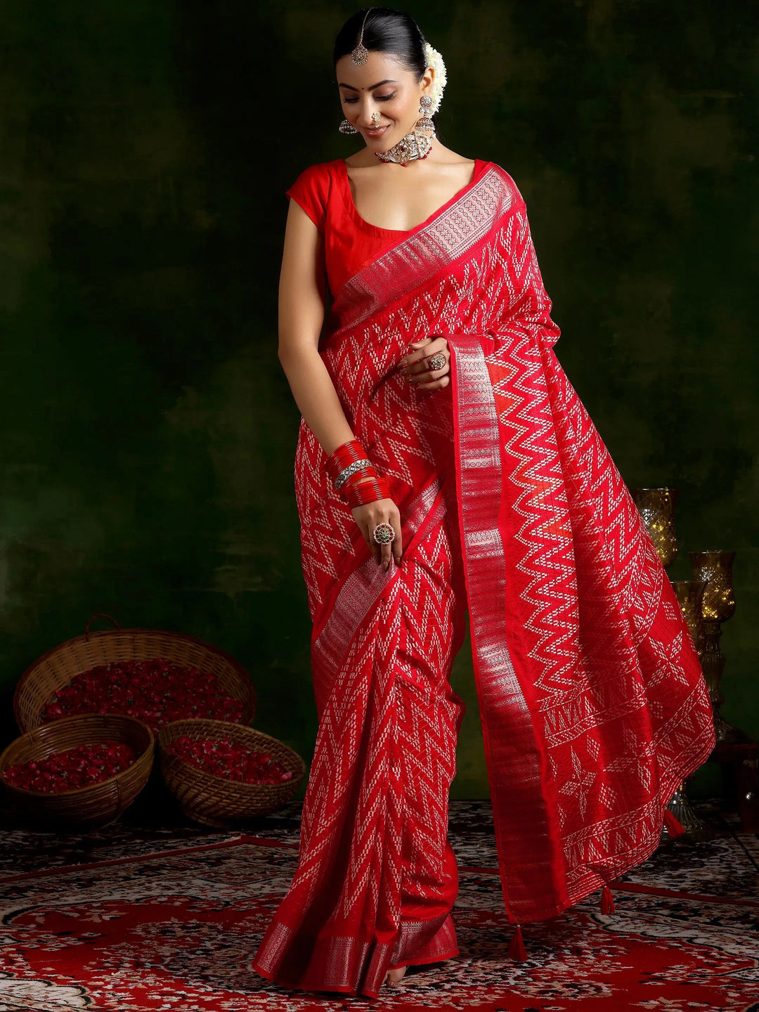  Red Printed Silk Blend Saree With Unstitched Blouse Piece 
