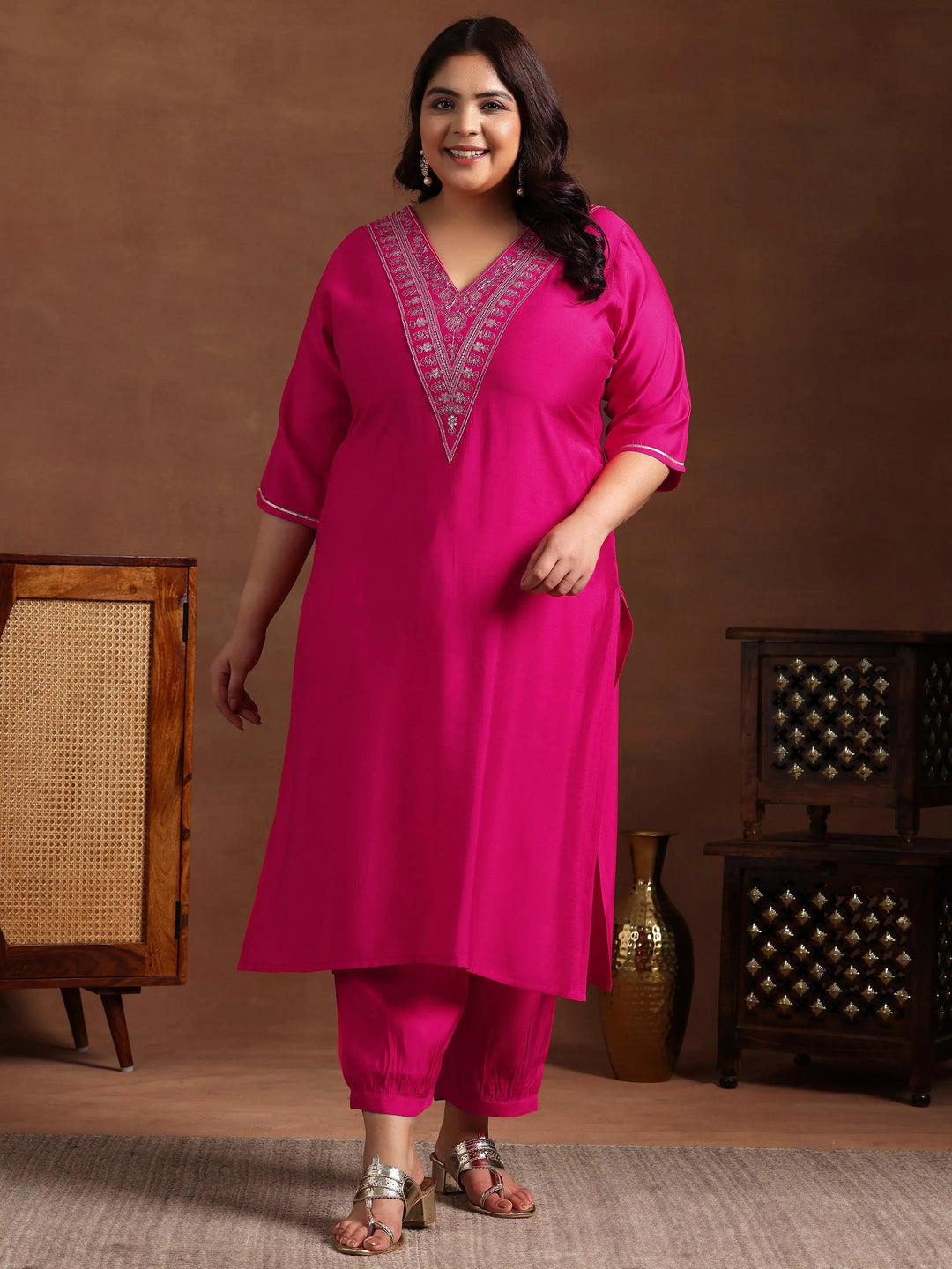 Plus Size Pink Yoke Design Silk Blend Straight Kurta Set - Libas 