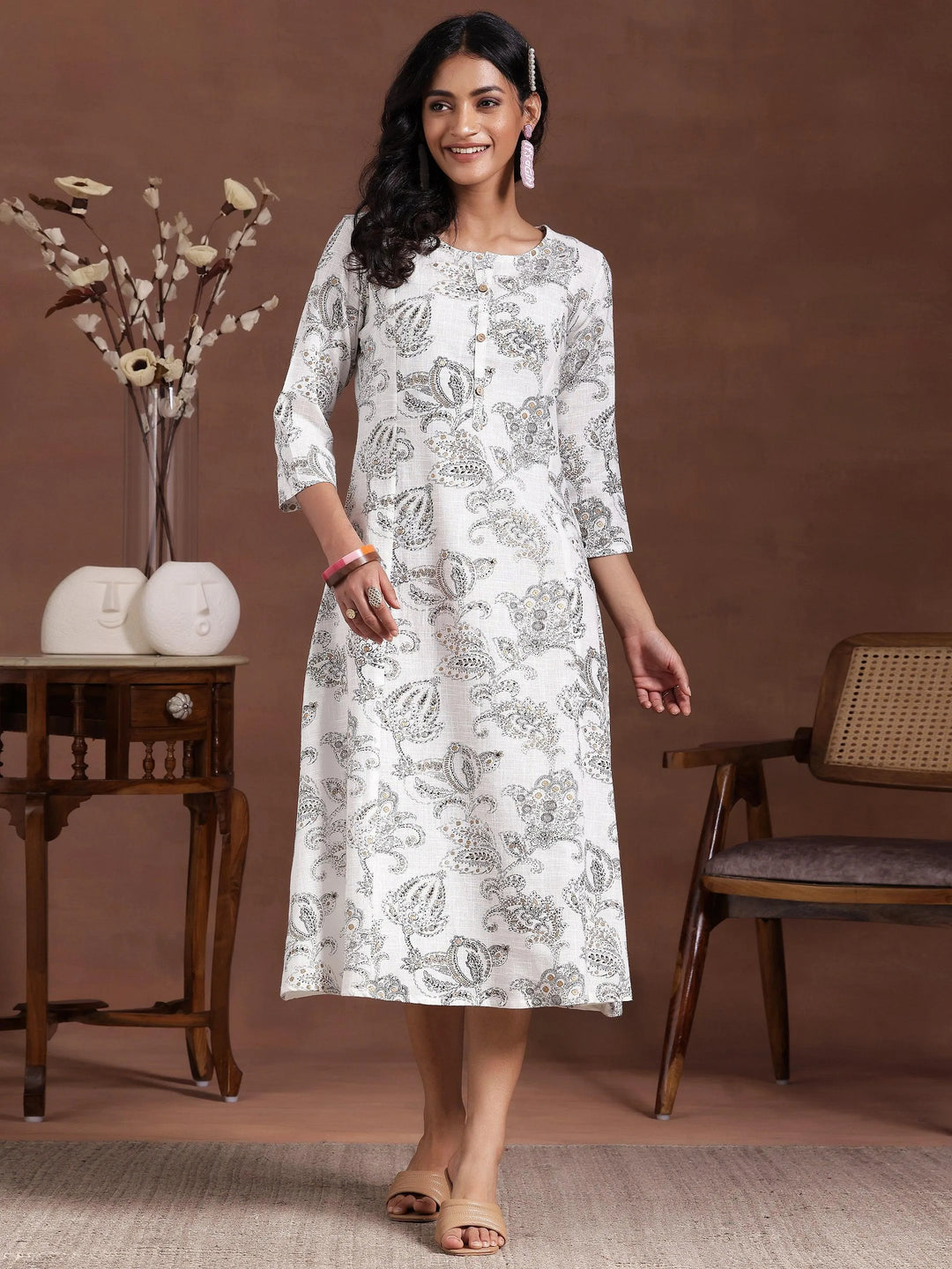 Buy White Printed Cotton A-Line Dress Online at Rs.679
