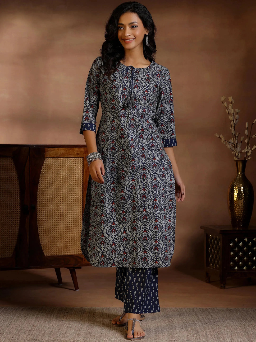  Blue Printed Cotton Straight Kurta Set 
