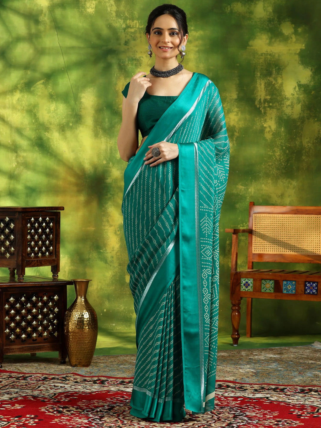 Green Printed Satin Saree With Unstitched Blouse Piece - Libas 