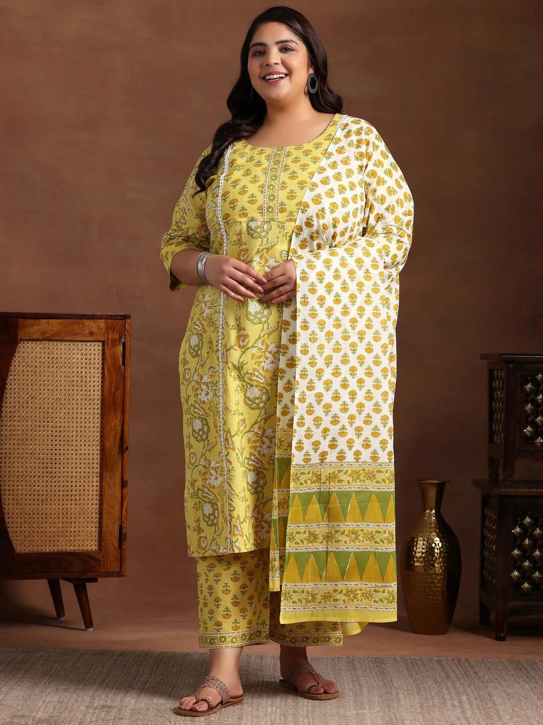  Plus Size Yellow Printed Cotton Straight Suit With Dupatta 