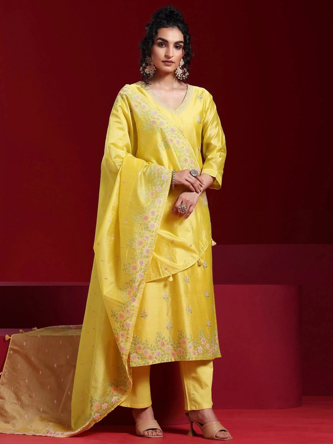  Libas Art Yellow Embroidered Chanderi Silk Straight Suit With Dupatta 