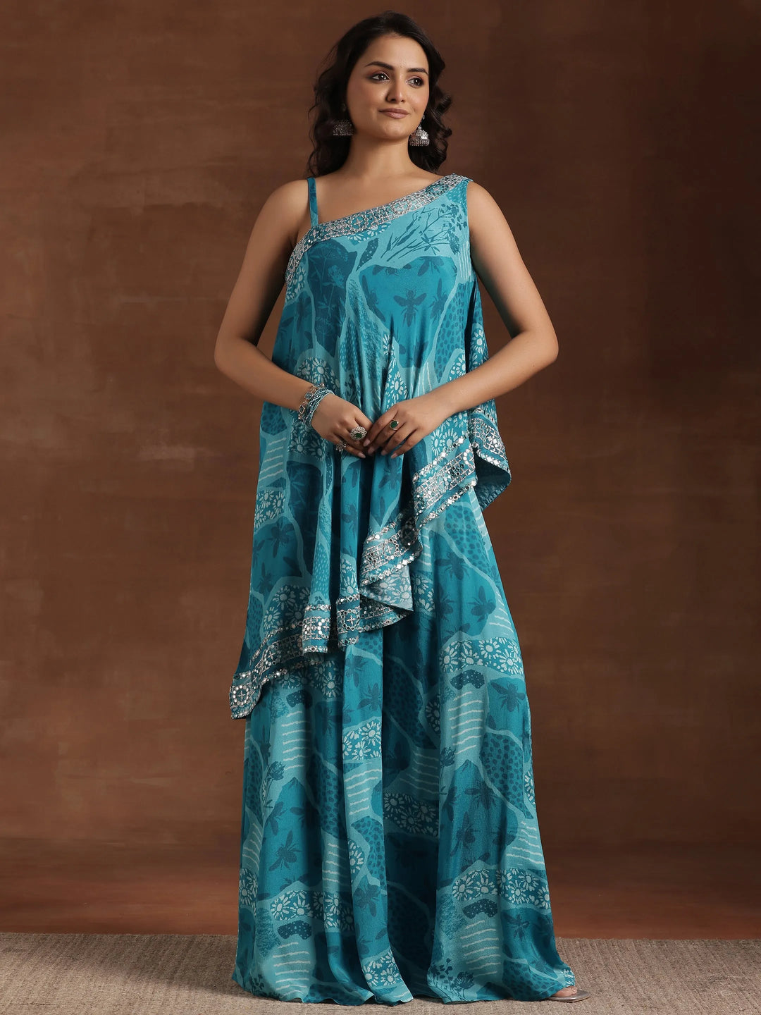  Blue Printed Silk Blend Co-Ords 