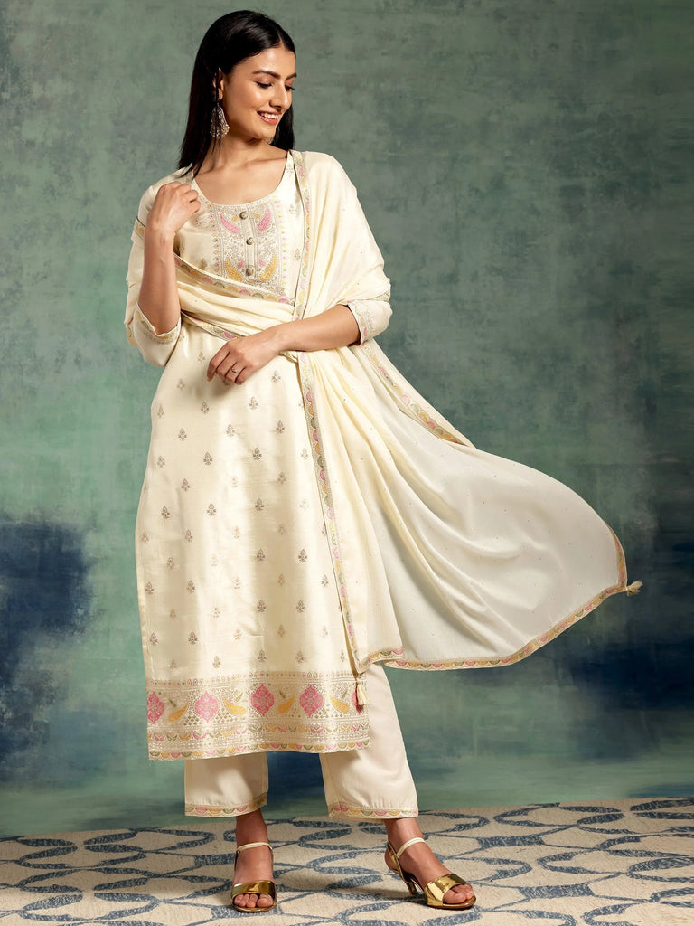 Libas Off White Woven Design Silk Blend Straight Suit With Dupatta