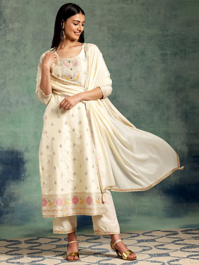 Off White Woven Design Silk Blend Straight Suit With Dupatta - Libas
