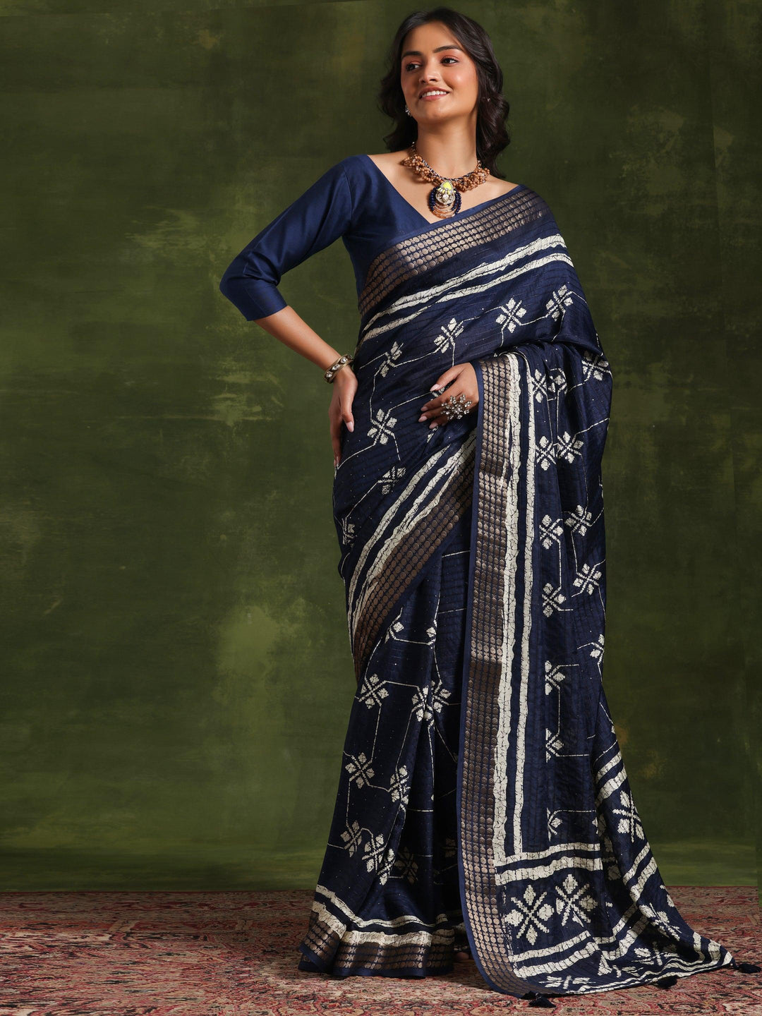 Blue Printed Silk Blend Saree With Unstitched Blouse Piece - Libas