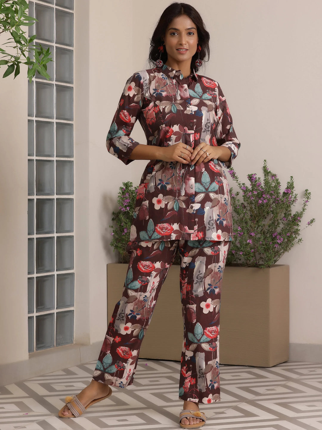 Brown Printed Silk Blend Co-Ords 