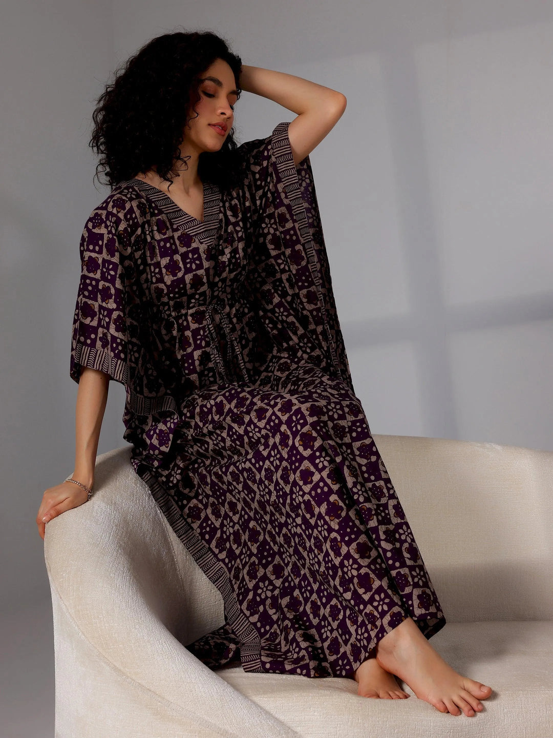 Purple Printed Cotton Kaftan Night Dress - Libas 