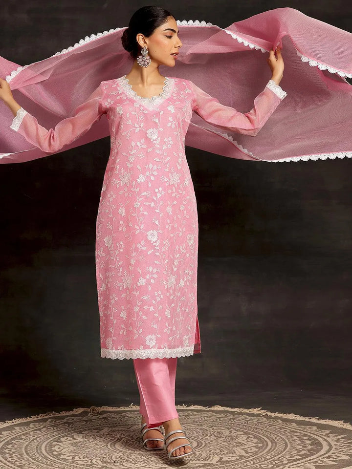 Pink Embroidered Cotton Straight Suit With Dupatta - Libas