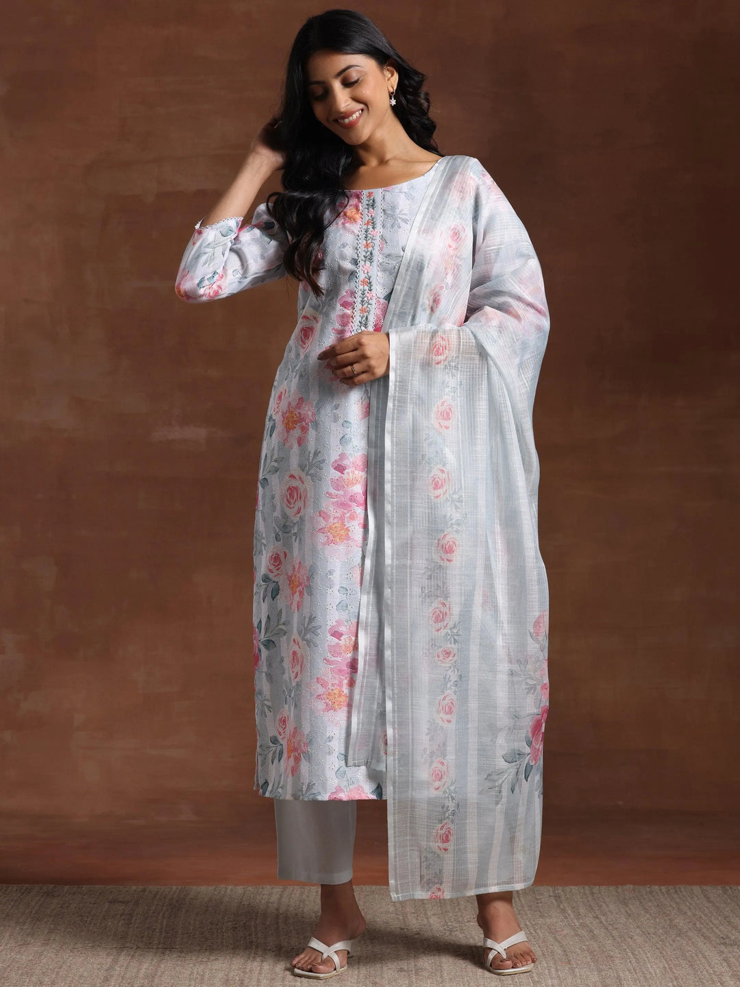 Grey Printed Cotton Blend Straight Suit With Dupatta - Libas 