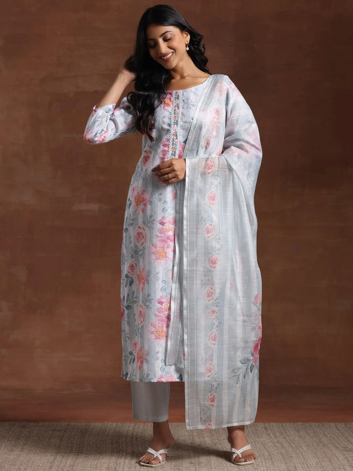Grey Printed Cotton Blend Straight Suit With Dupatta - Libas