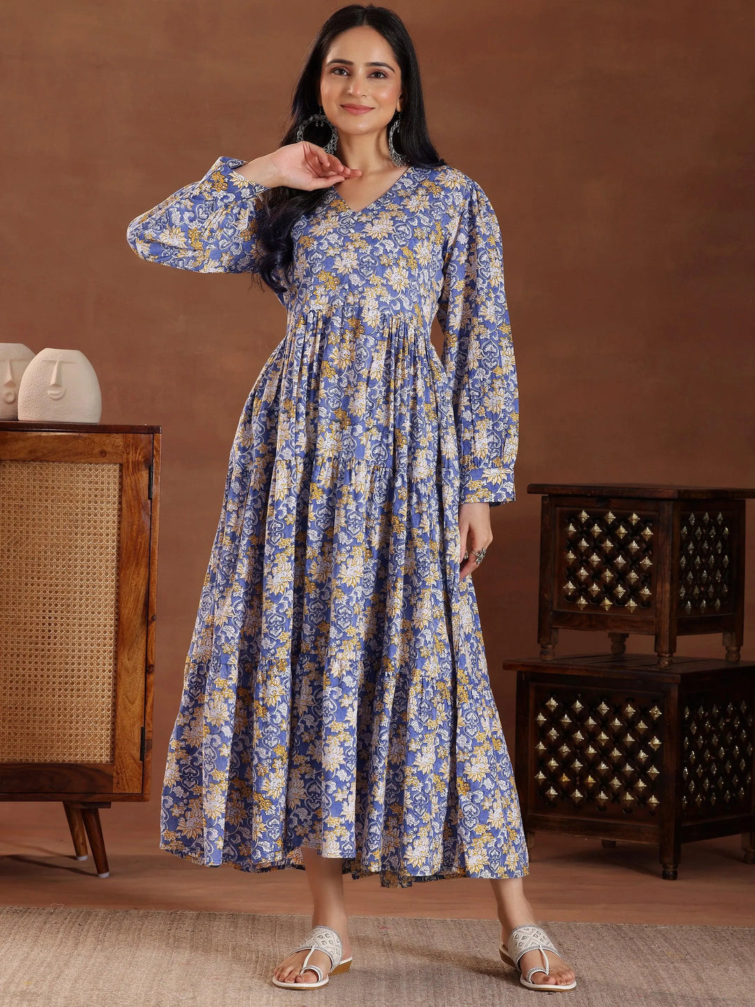 Blue Printed Cotton Fit and Flare Dress - Libas 