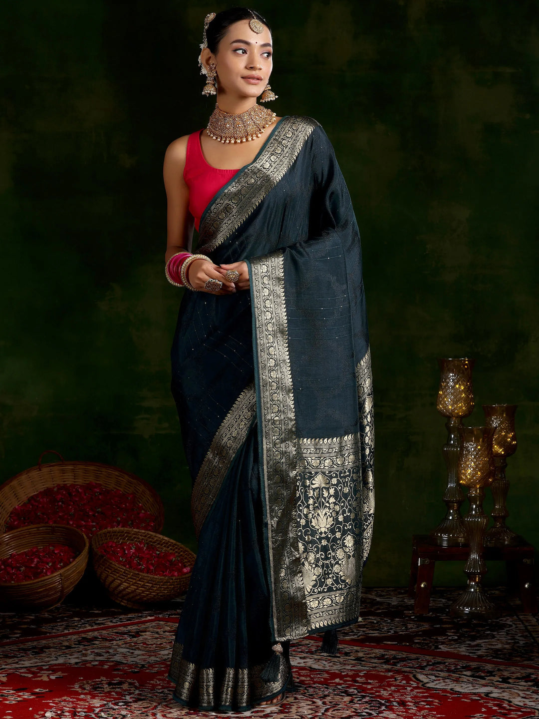  Teal Woven Design Silk Blend Saree With Unstitched Blouse Piece 