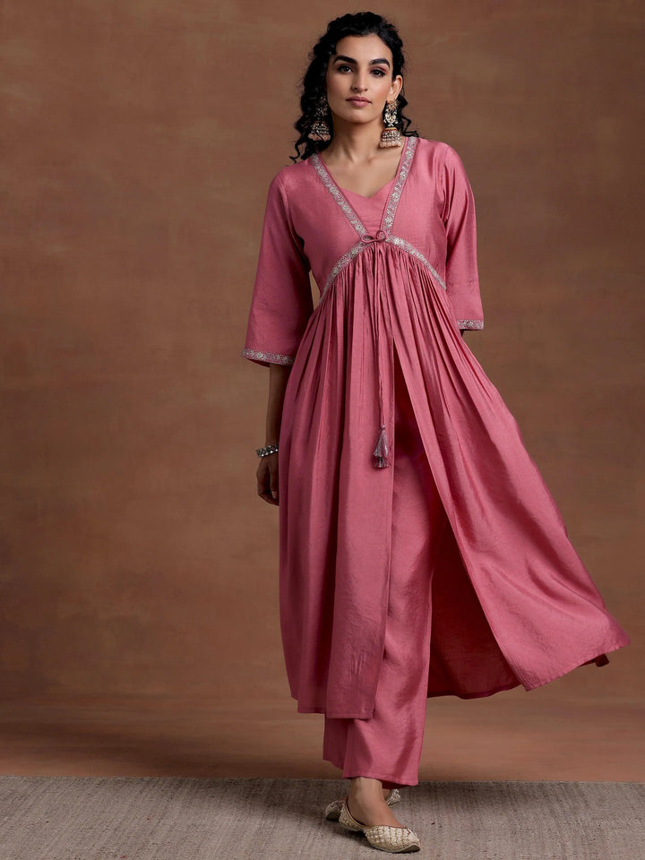 Peach Solid Silk Blend A-Line Kurta With Trousers - Libas
