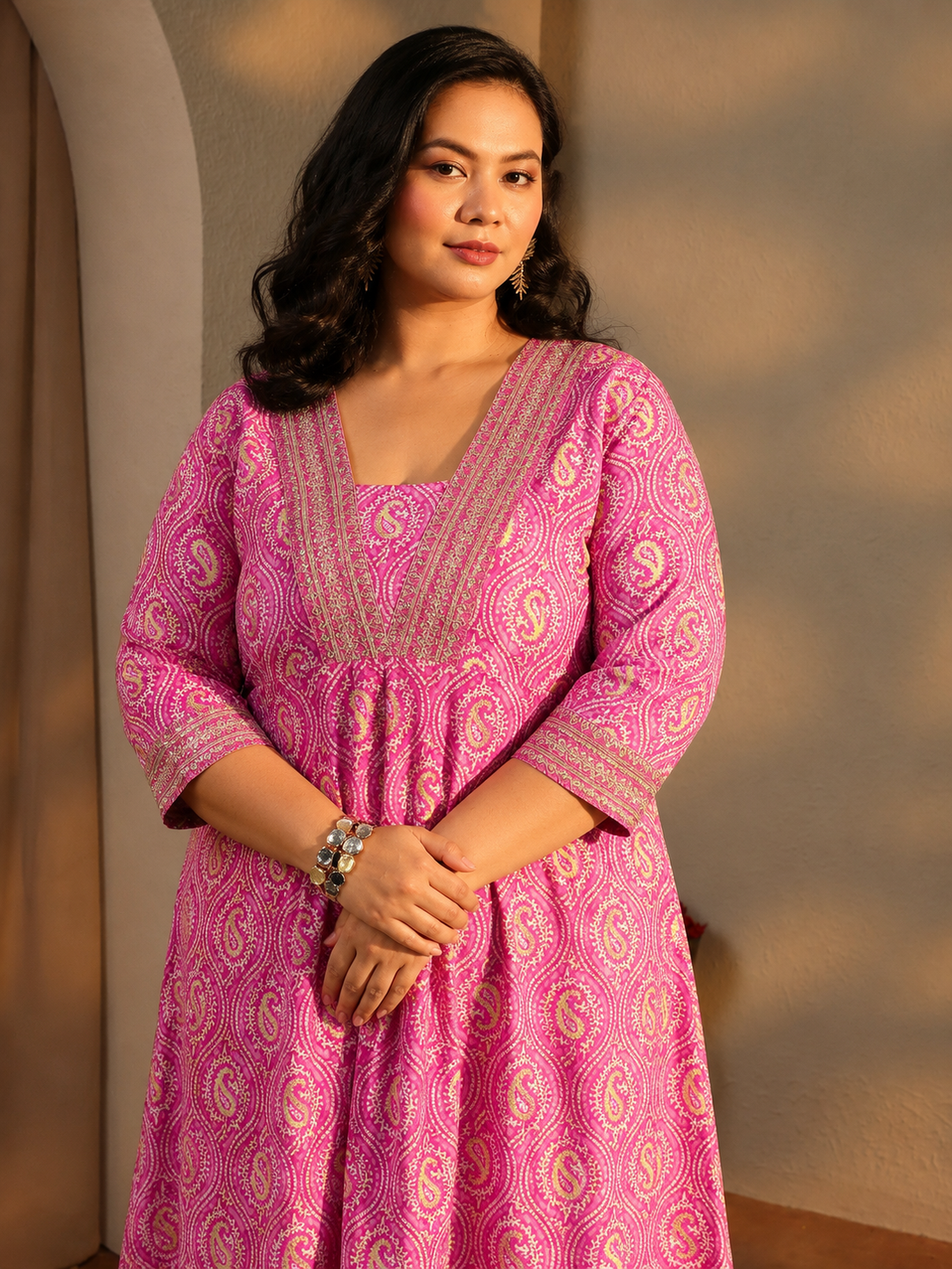  Plus Size Pink Paisley Printed Cotton A-Line Suit Set 
