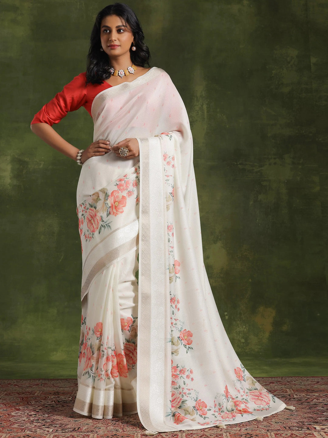 Off White Printed Silk Blend Saree With Unstitched Blouse Piece - Libas 